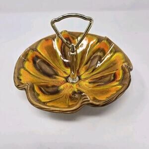 California Pottery Sequoia Ware Brown Orange Bowl Drip Glaze Dish Metal Handle.